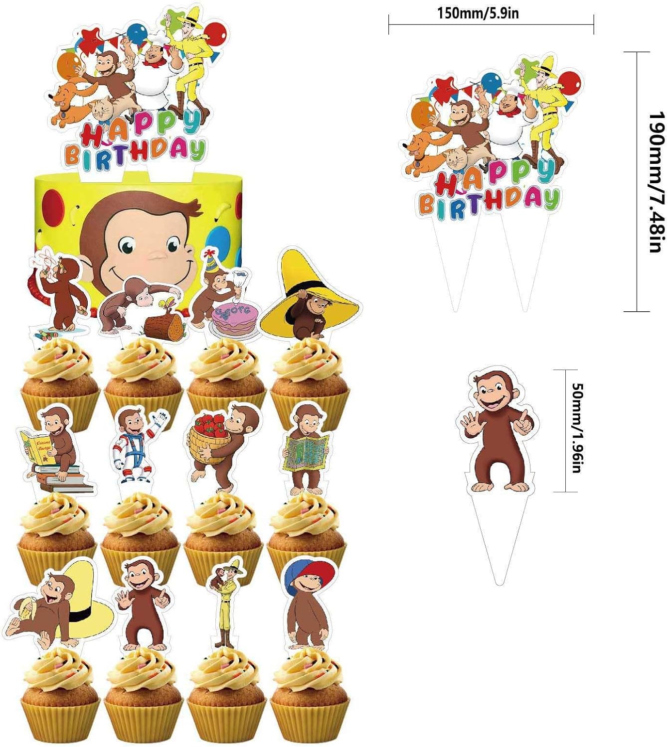 Curious George Monkey Birthday Party Decorations Set Cute Cartoon Fun Supplies, Banner, Balloons, Cupcake Toppers, Large Cake Decorations