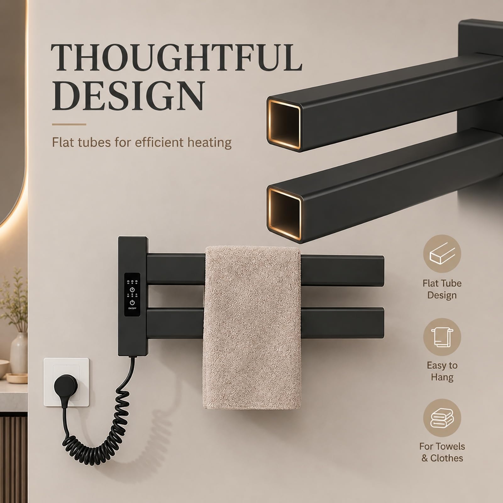 Genérico Toallero Eléctrico de Tubo, Radiador de Pared de Bajo Consumo for Baño, Calentador de Toallas Térmico con Temporizador Integrado y Panel Calefactor Eficiente(Right,Negro)
