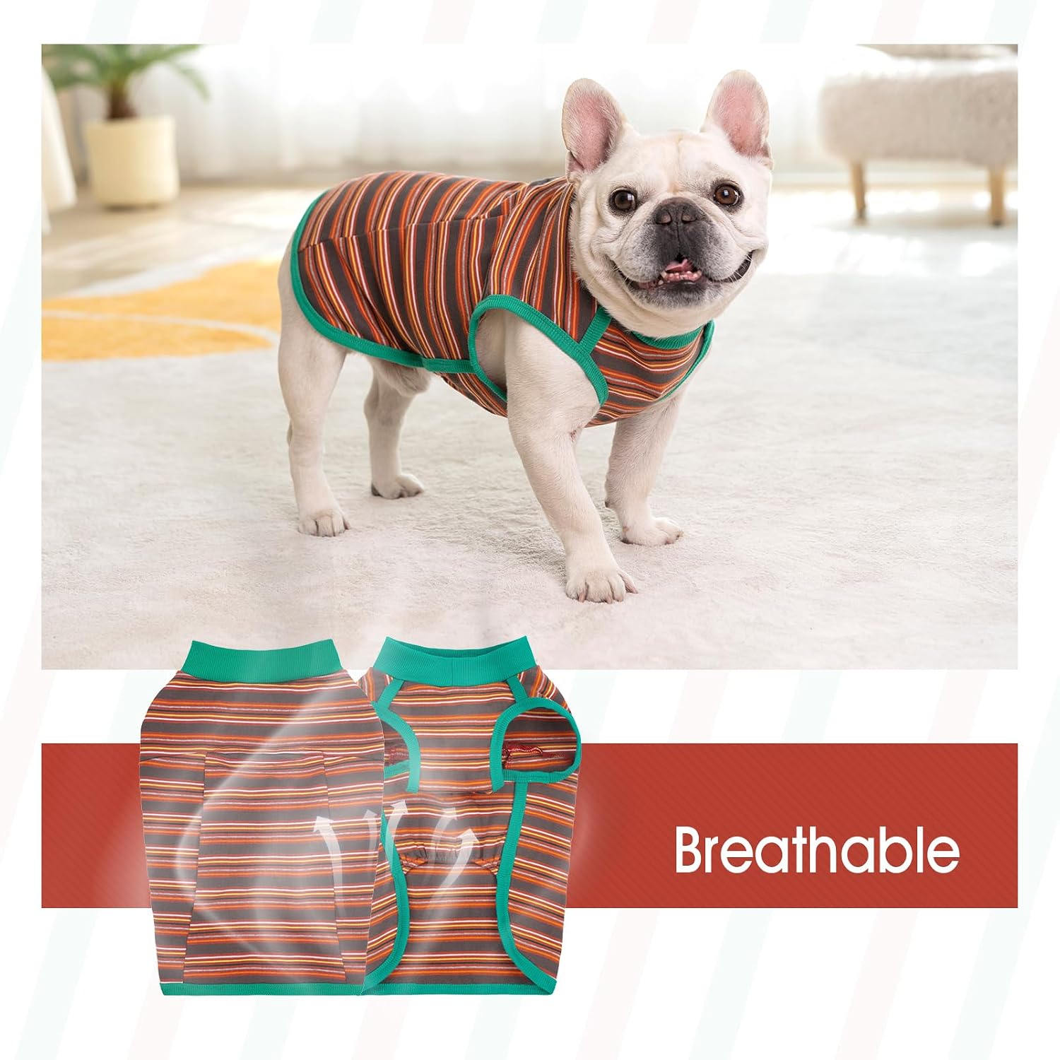 Dog Shirts, French Bulldog T-Shirt, Cotton Striped Tank Top, Color Blocked Tee for Small Dogs, Stretchy & Breathable Puppy Vest, Four Seasons Pet Clothes