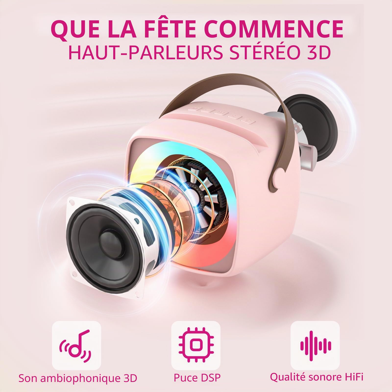 Machine Karaoké 2 Microphones pour Garçons Filles, Enfants Adultes Enceinte Bluetooth Portable avec Support Téléphone, Enceinte avec Lumières LED et Changer de Voix pour Fêtes à Domicile