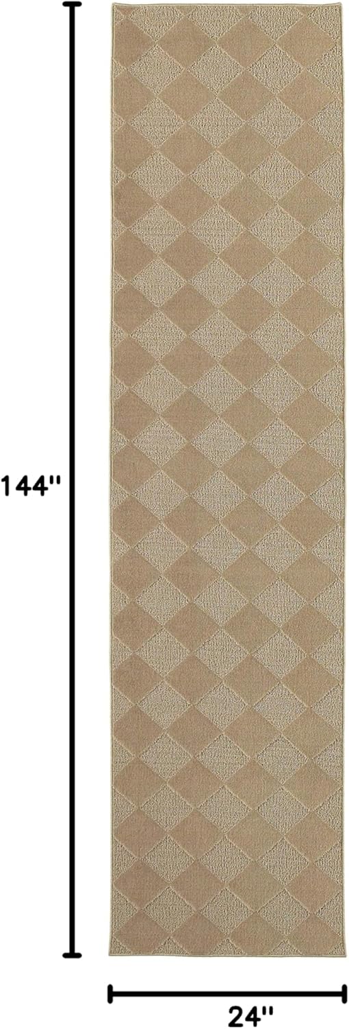 Garland Rug Diamond Solid Beige Tan 2' x 12' Soft, Non Slip Area Rug- Ideal for Living Rooms & Hallways, Stylish & Durable for High-Traffic Areas