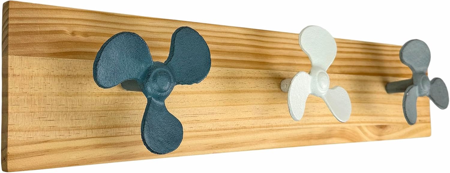 Zeckos 24 Inch Boat Propeller Wall Hooks Rack on Natural Wood Board, Nautical Multicolor Metal and Wood Wall Mounted Coat and Towel Hook Rail for Entryway, Bathroom, Coastal Spaces