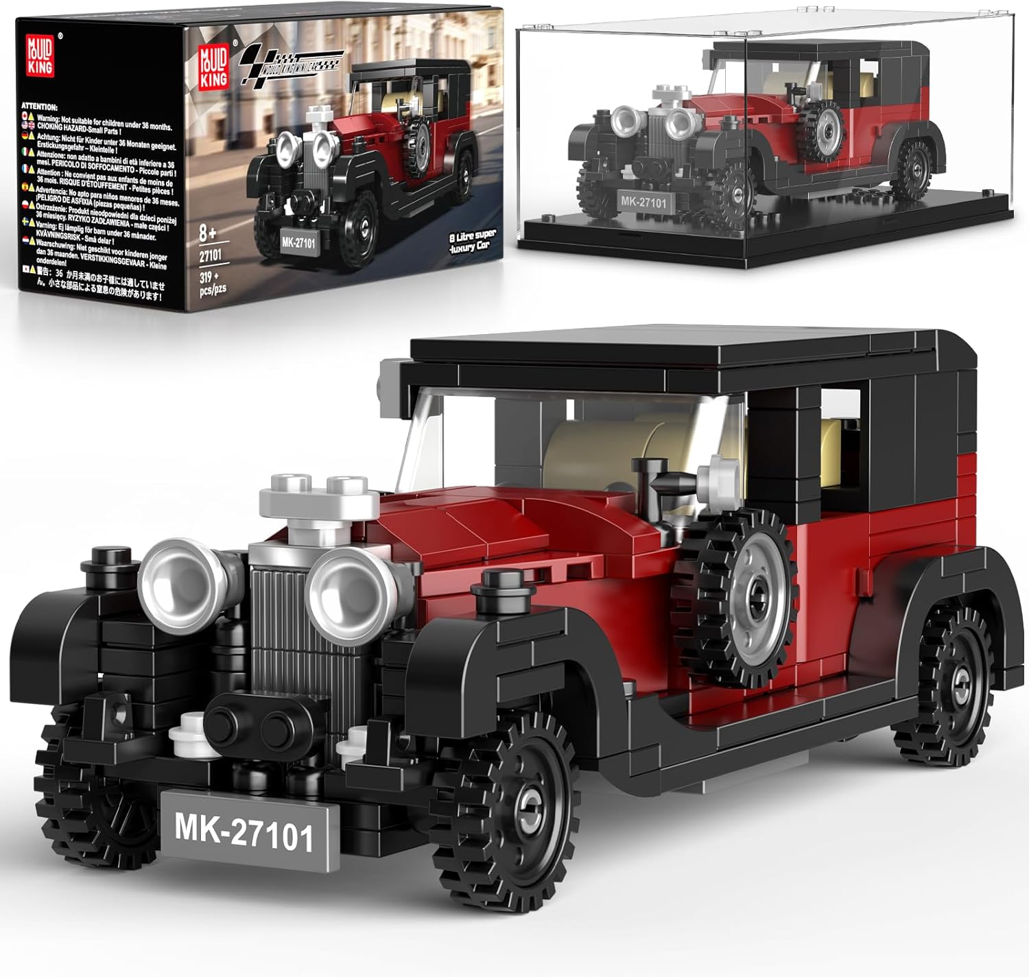 Mould King 27101 Vintage Car Building Sets, 319+ Pcs MOC Racing Car Building Kit with Display Case, Collectible Vehicle Model Building Blocks Toy for Boys/Teens/Adult