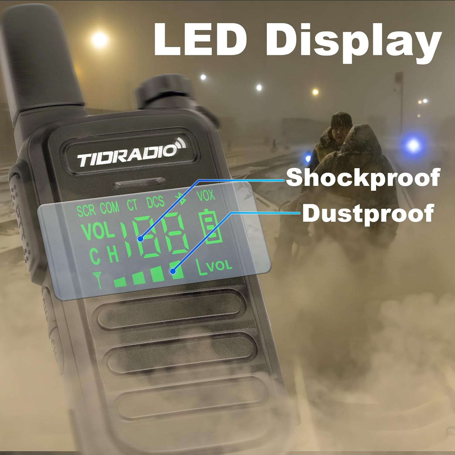 Close-up of the TIDRADIO TD-M11's hidden LED display showing channel, volume, battery level, and feature indicators like SCR, COM, CT, DCS, VOX.