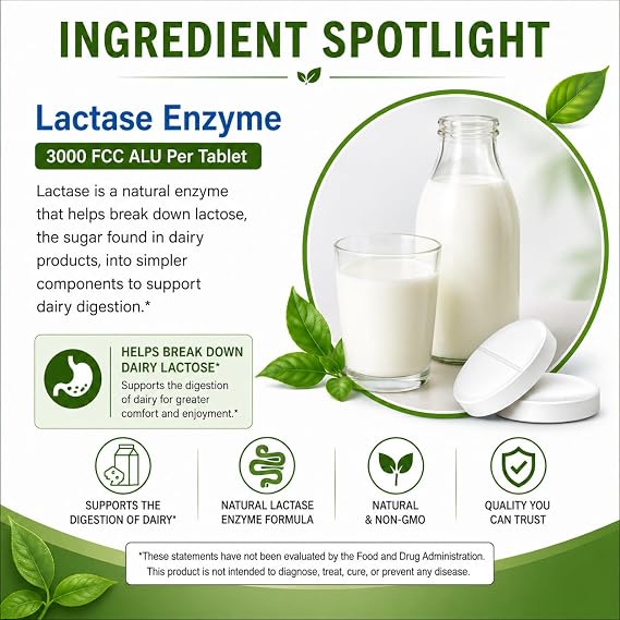 Brieofood Lactase Enzyme Pills - 3000 FCC ALU - 360 Tablets - 360 Servings - Non-GMO, Gluten Free