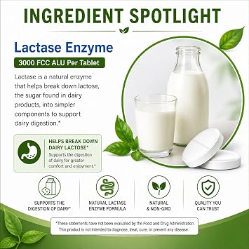 Brieofood Lactase Enzyme Pills - 3000 FCC ALU - 360 Tablets - 360 Servings - Non-GMO, Gluten Free