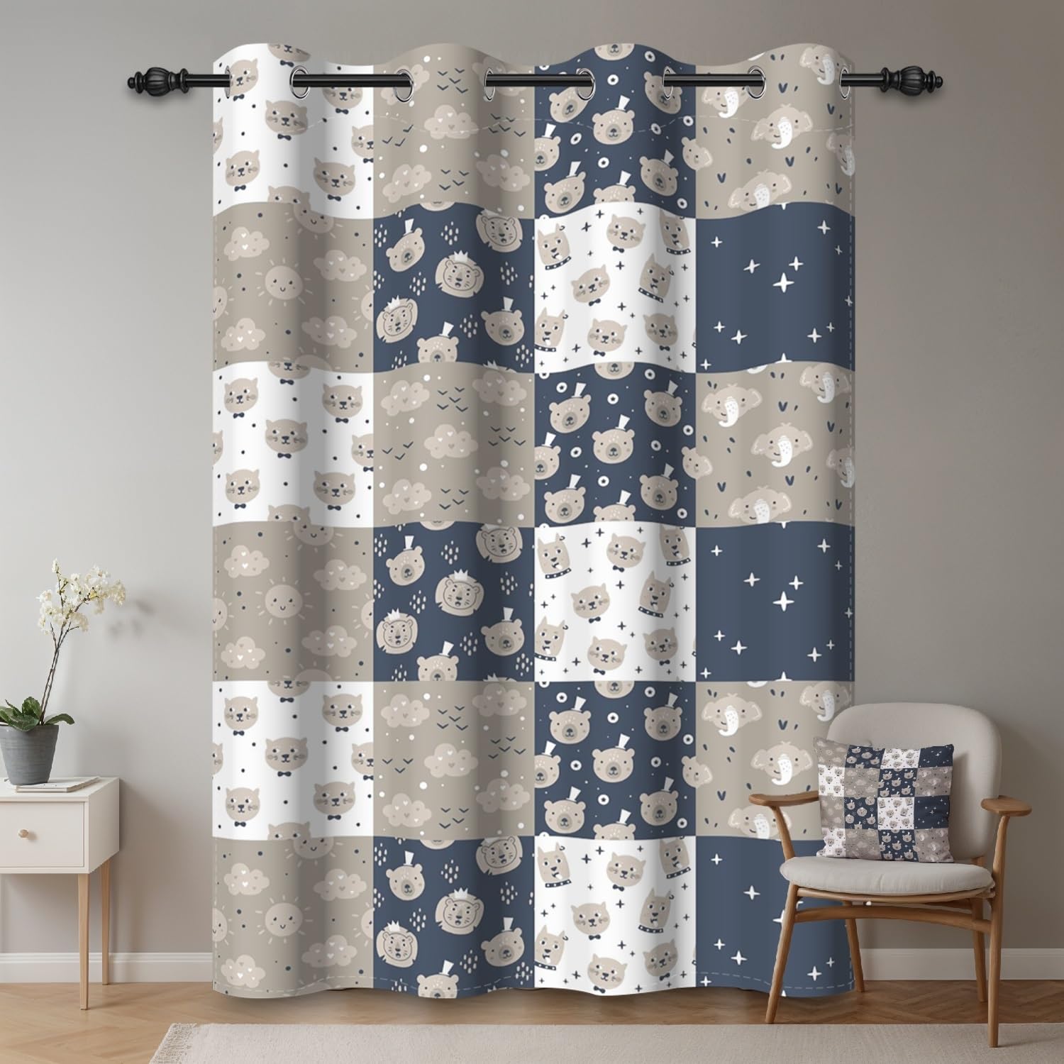 135x229cm Rideau à œillets Motif Animaux Dessin animé pour Chambre d'enfant Ours Éléphant Ciel Mignon Rideaux occultants pour Salle de Jeux bébé séparateur de pièce,1 Panneau Simple
