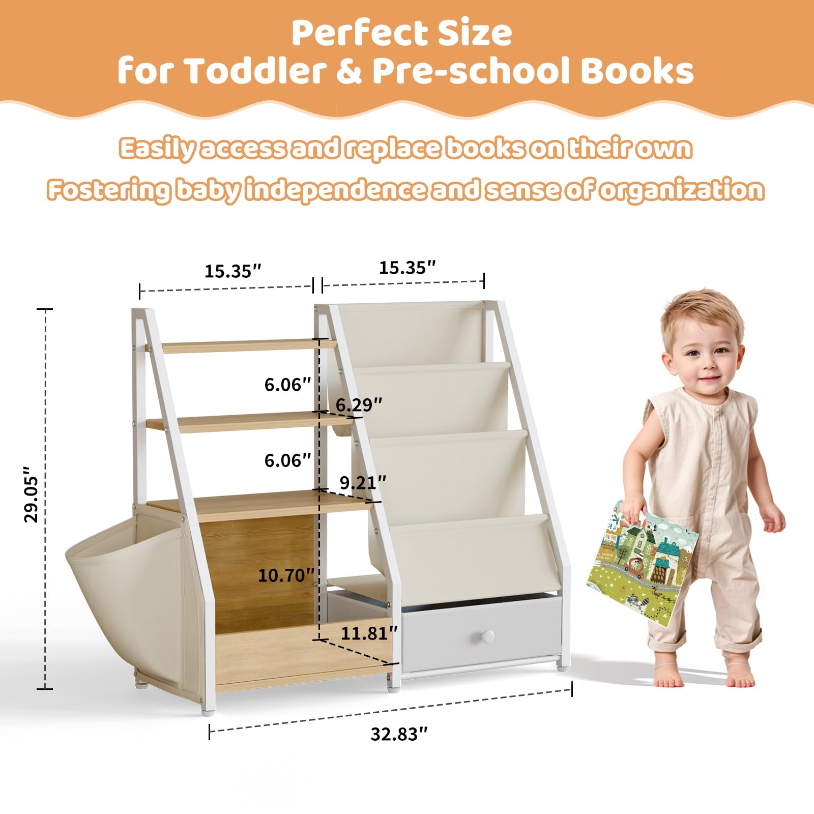 HAVLOTII Libreria per bambini e giocattoli – Scaffale per libri per bambini per la camera dei bambini, libreria per bambini per asilo nido, organizer per giocattoli Montessori, Burlywood