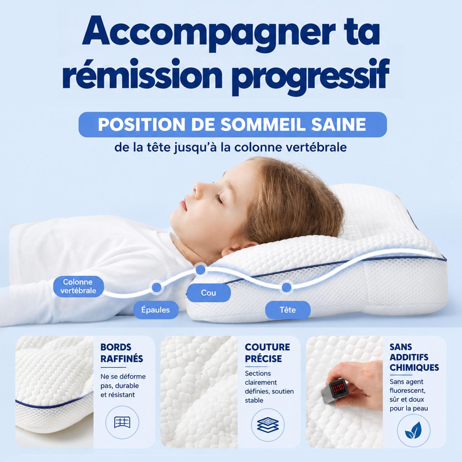 Générique Oreiller De Posture pour Enfants, Oreillers pour Enfants, Oreiller Respirant Double Face Enfant De 1 À 12 Ans, Oreillers Enfant Dormant sur Le Côté, Idéal Les Voyages (H2 : 4-6 cm)