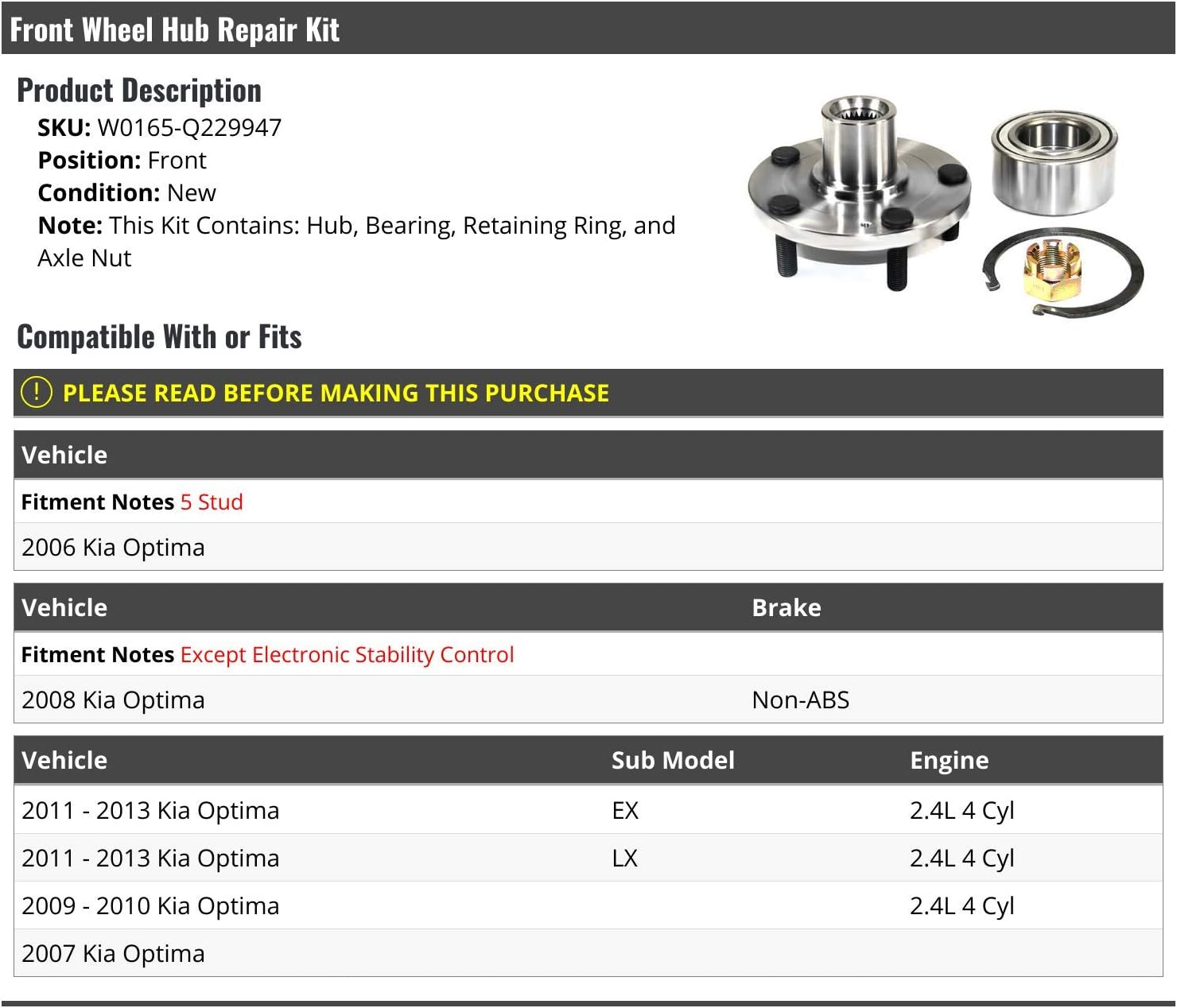 Front Wheel Bearing Hub Repair Kit - 5-Lug - Compatible with 2006-2013 Kia Optima 2.4L 4-Cylinder