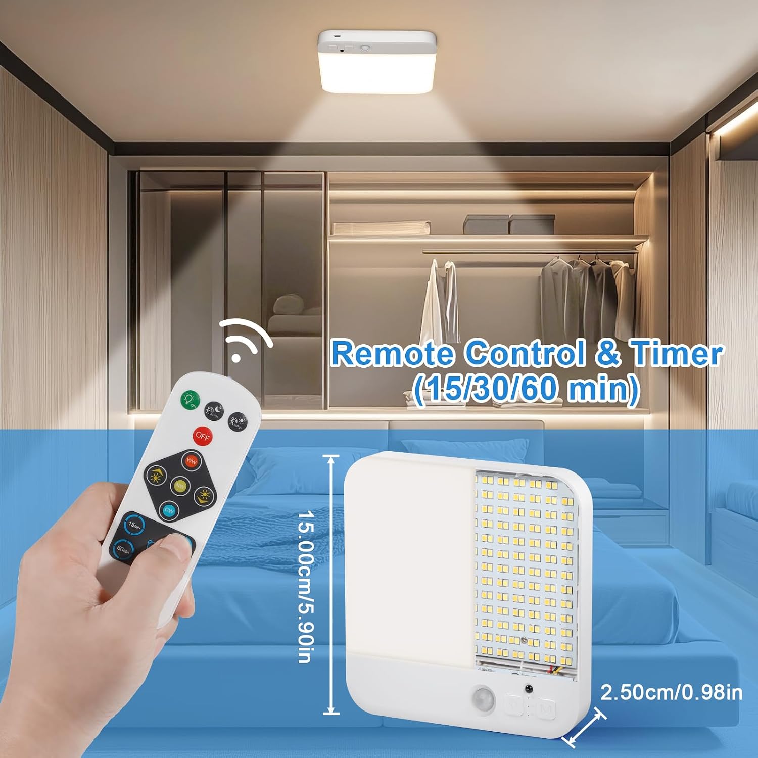 TaoFiaCo Motion Sensor Light Indoor Rechargeable with Remote -Wireless Battery Powered 3 Colors Dimmable Closet Light Timing - Magnetic Mount Shower LED for Closets Stairs Pantry Porch