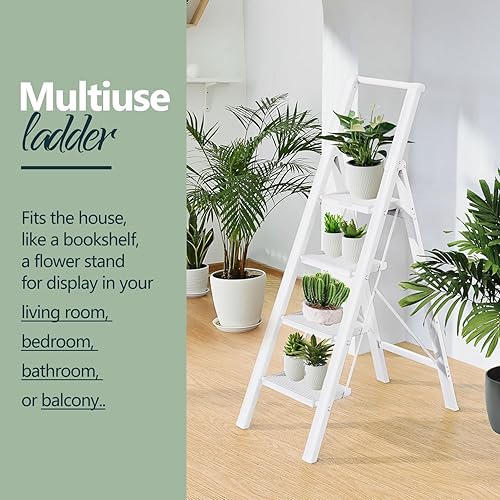 Miniatura 6 de Escalera de 4 peldaños con peldaños anchos, escalera plegable de aluminio con pies antideslizantes, escalera ligera portátil con asa, fácil de