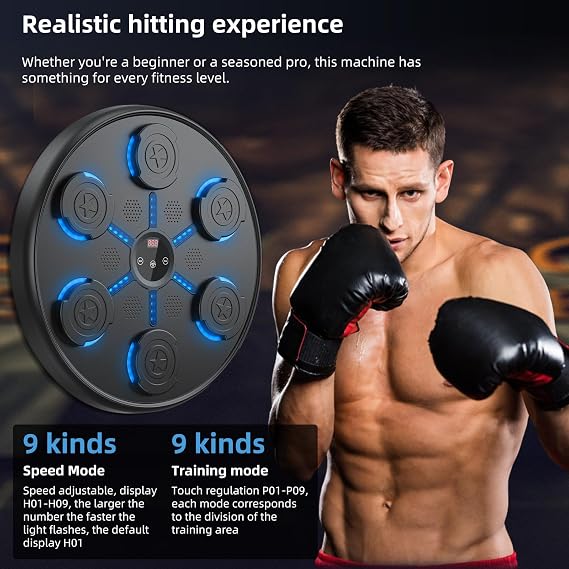 Music Boxing Machine with Boxing Gloves, Boxing Machine Wall Mounted Music, Wall Boxing Machine Trainer with 9 Modes, Smart Display Screen, LED Lights, Music Boxing Machine for Adults