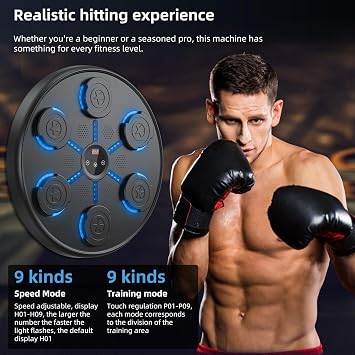 Music Boxing Machine with Boxing Gloves, Boxing Machine Wall Mounted Music, Wall Boxing Machine Trainer with 9 Modes, Smart Display Screen, LED Lights, Music Boxing Machine for Adults