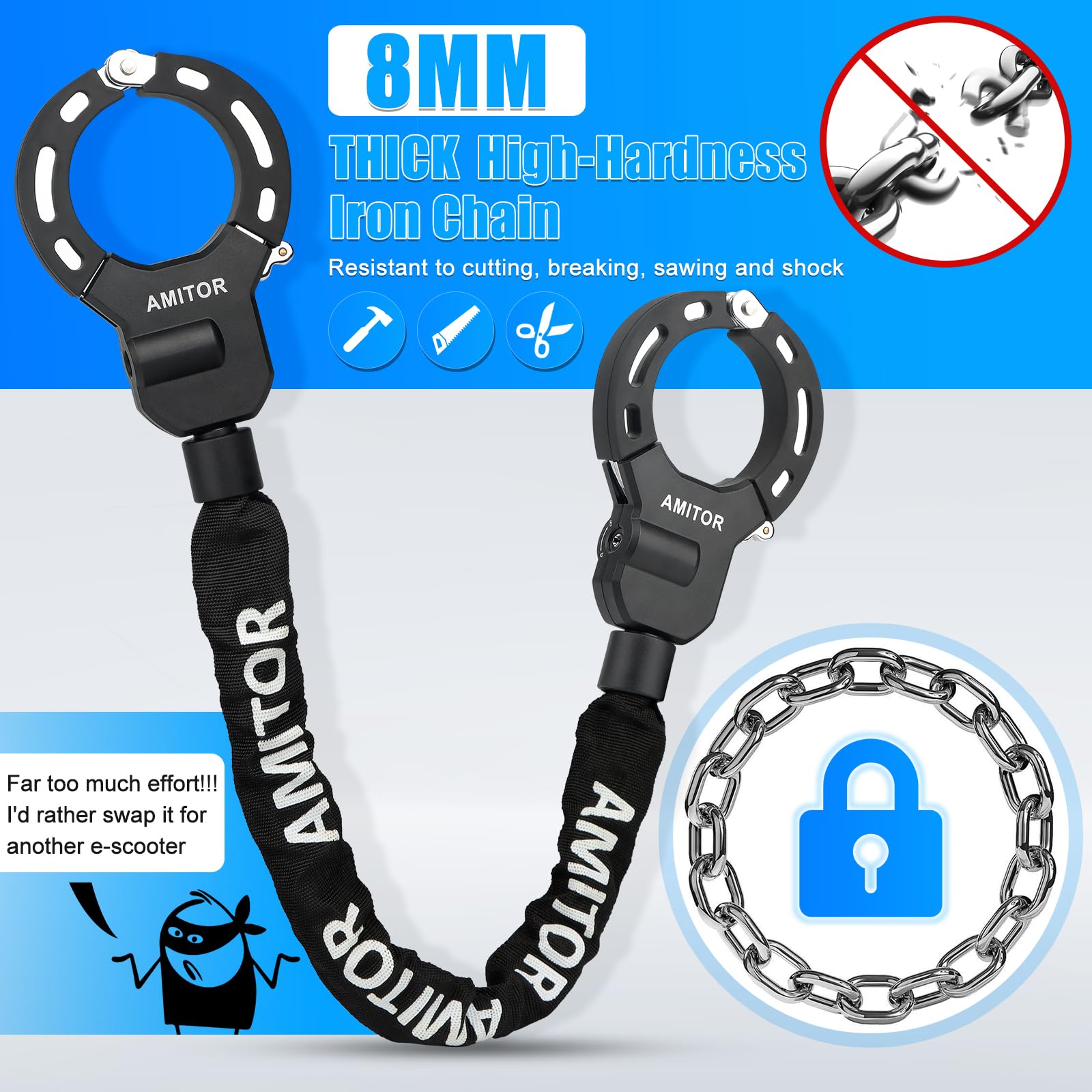 Serratura per scooter con chiave indistruttibile, ad alta sicurezza con borsa da 3 l, chiusura con chiusura a manetta con protezione in silicone, antifurto per bici e bicicletta