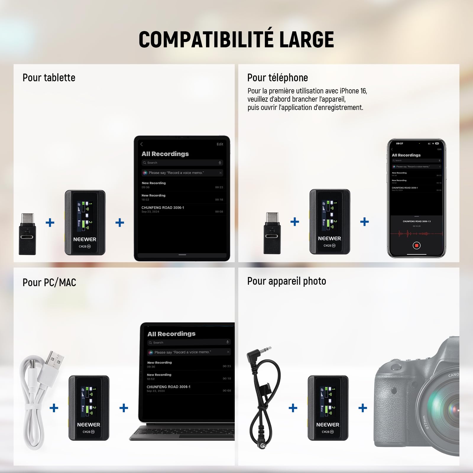 NEEWER CM28 Système de microphone sans fil Lavalier avec étui de chargement, 2 clips de micro, stockage de 4 Go, autonomie de 9 heures, micro-cravate compatible avec iPhone/Android/PC/appareil photo