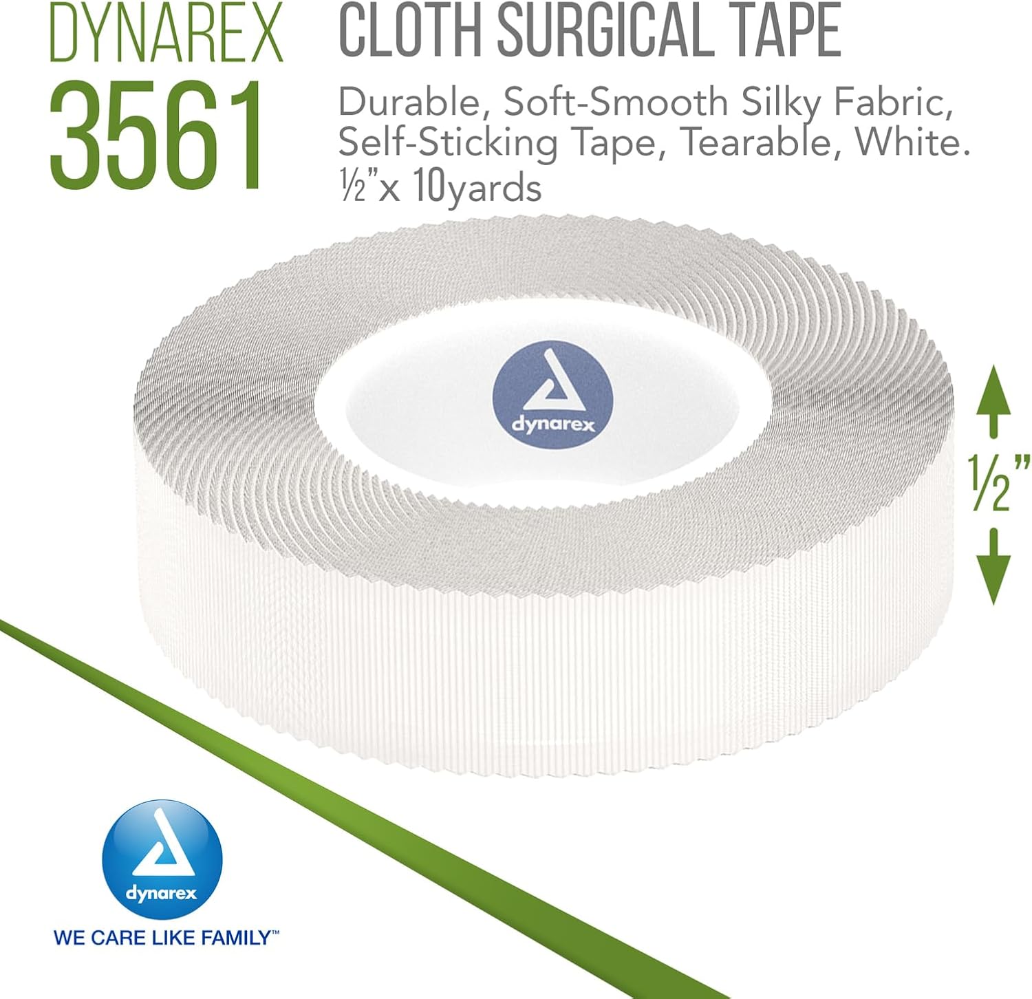 Dynarex Cloth Surgical Tape, Durable, Soft-Smooth Silky Fabric, Latex-Free, Tearable, Secure Adhesion, White, 1/2" x 10 yds, 1 Box of 12 Rolls of Tape