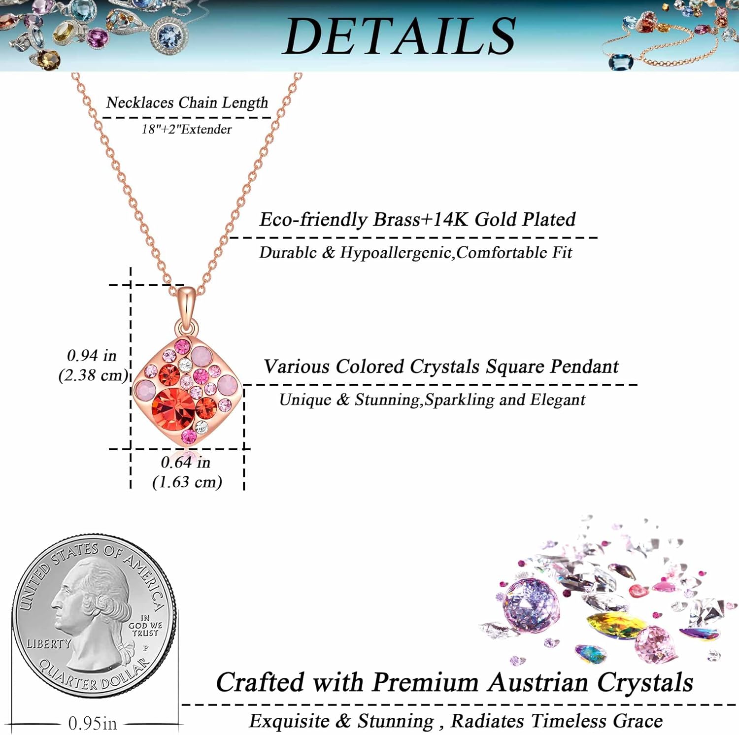 EVEVIC Dainty Austrian Crystals Square Pendant Necklaces for Women Fashion 14K Gold Plated Hypoallergenic Jewelry - Image 4