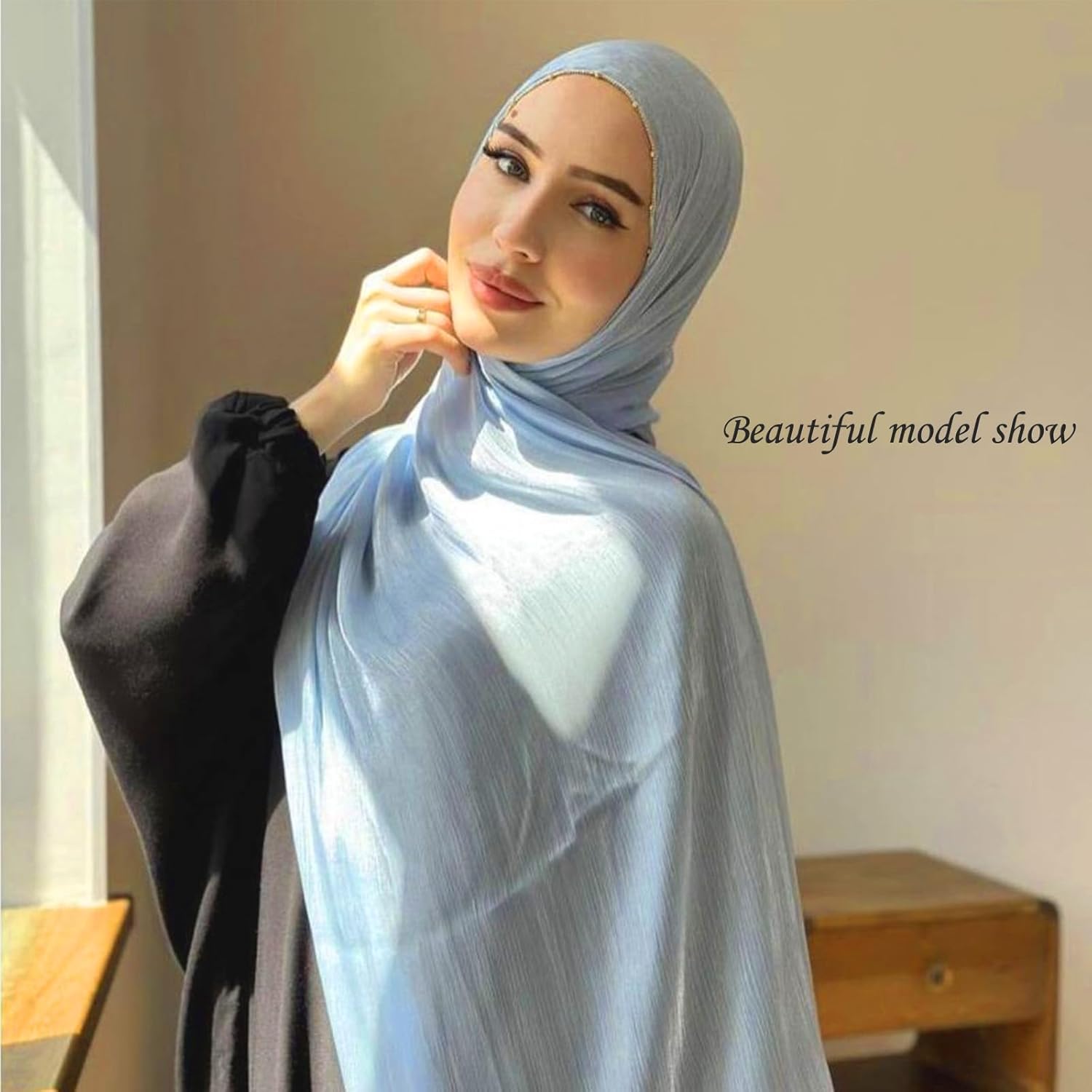 Premium Hijab Scarf for Women Lightweight 4 Edges Beaded Gold Trimmed Shimmer Hijabs Crepe Head Scarves Shawls Wraps - Image 4