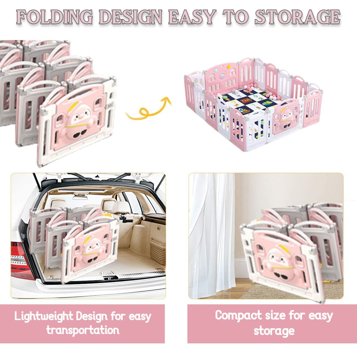 Metreno Playpen for Babies Upto 5 Year Baby Play Area Indoor Setup Foldable Play Yard Fence for Toddlers Kids Playarea Setup Outdoor Children Play Area with Gate, Balls, Mat (Pink, 16 Panel) - Image 6 thumbnail