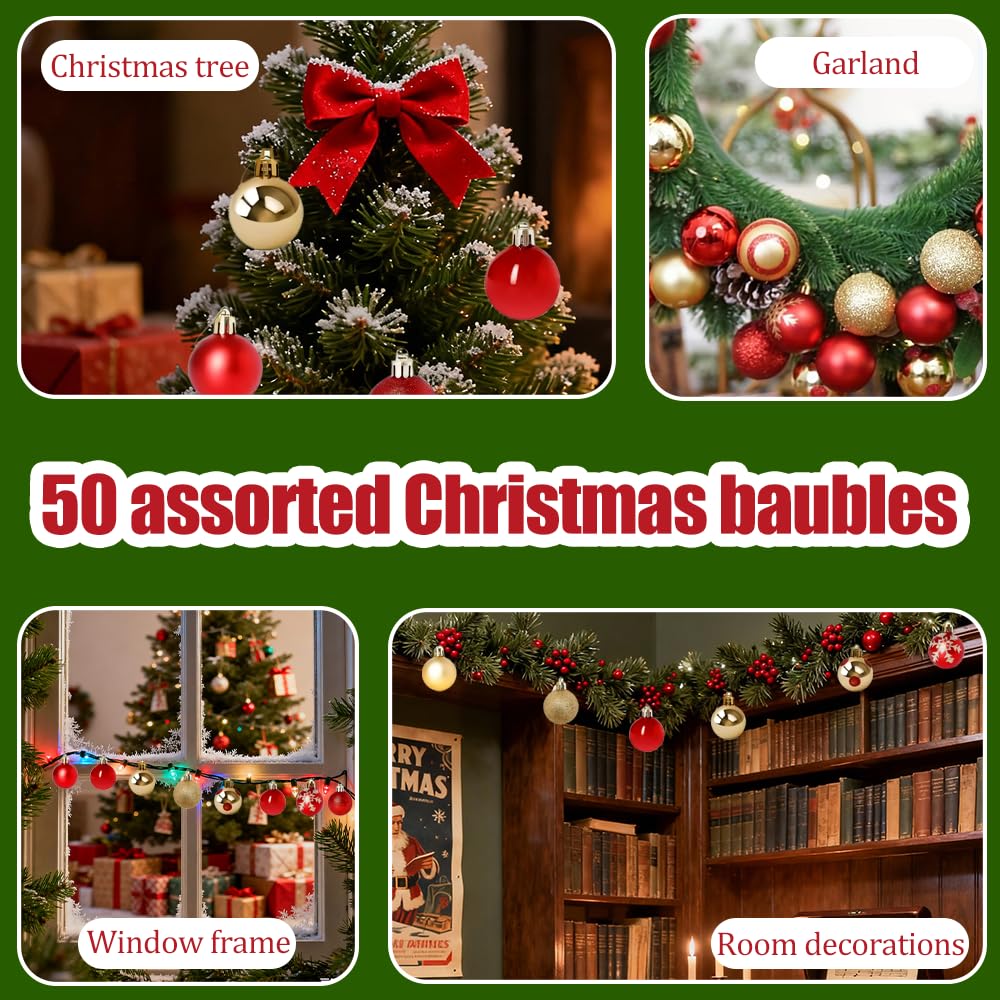 Palline di Natale Infrangibili, 50 Pezzi Palline da Appendere per Decorazioni con Cordino, Ornamenti Albero di Natale, per Feste di Compleanno per Interni ed Esterni, Matrimoni, Natalizie