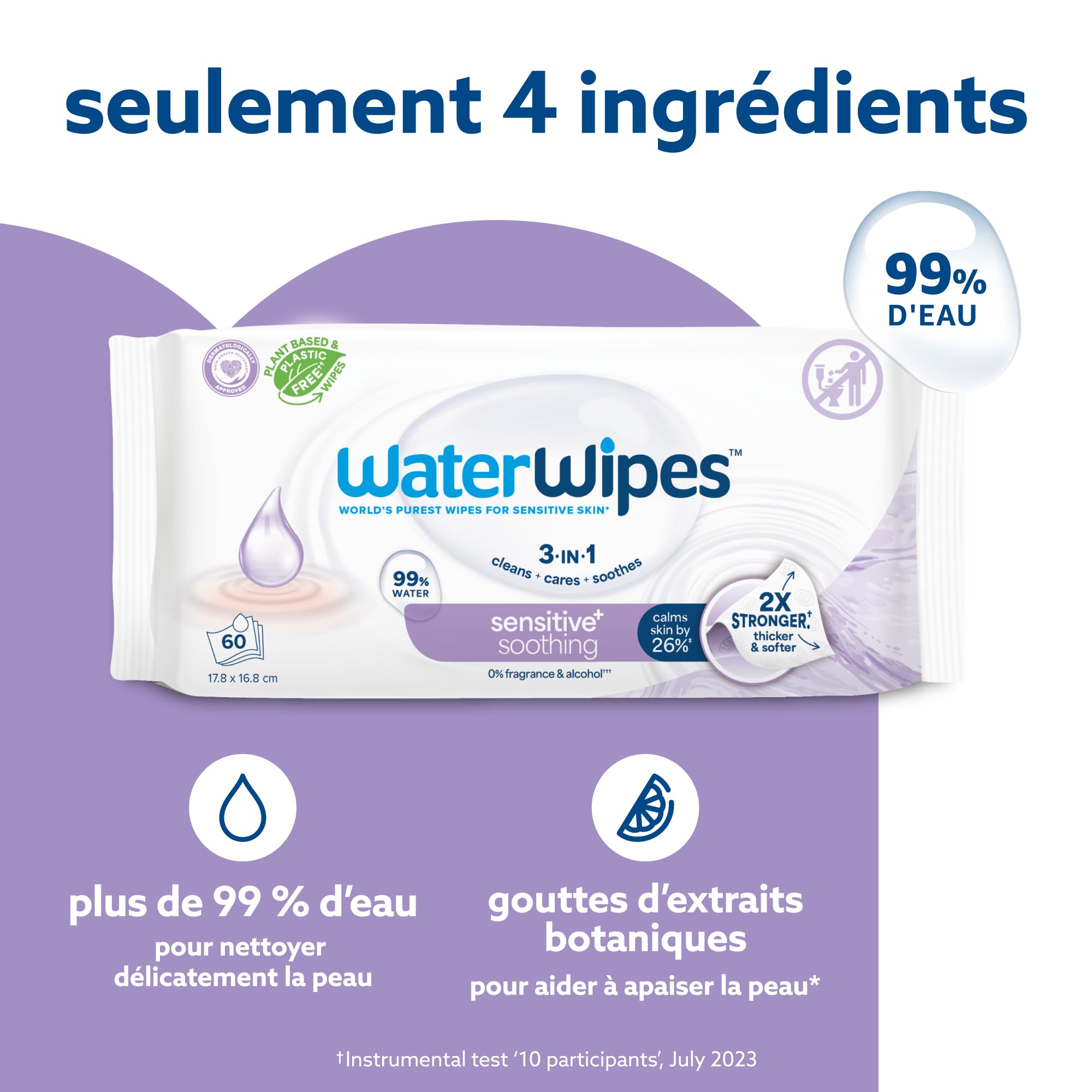 WaterWipes Sensitive+ Soothing Clean Wipes, Lingettes Apaisantes, 720 unités (12 paquets), 3-en-1 nettoie, soigne, apaise, 99% d'eau avec extraits botaniques, non parfumées