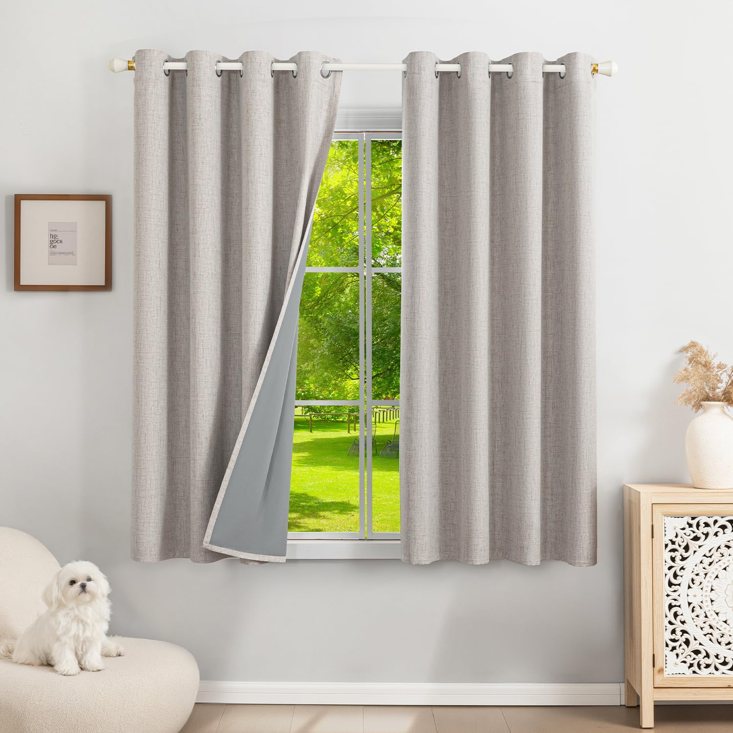 Runyéla 100% Blackout Linen Curtains Eyelet 46 x 54 Inch Drop for Bedroom Kitchen Living Room Thermal Curtain 2 Panels Greyish White