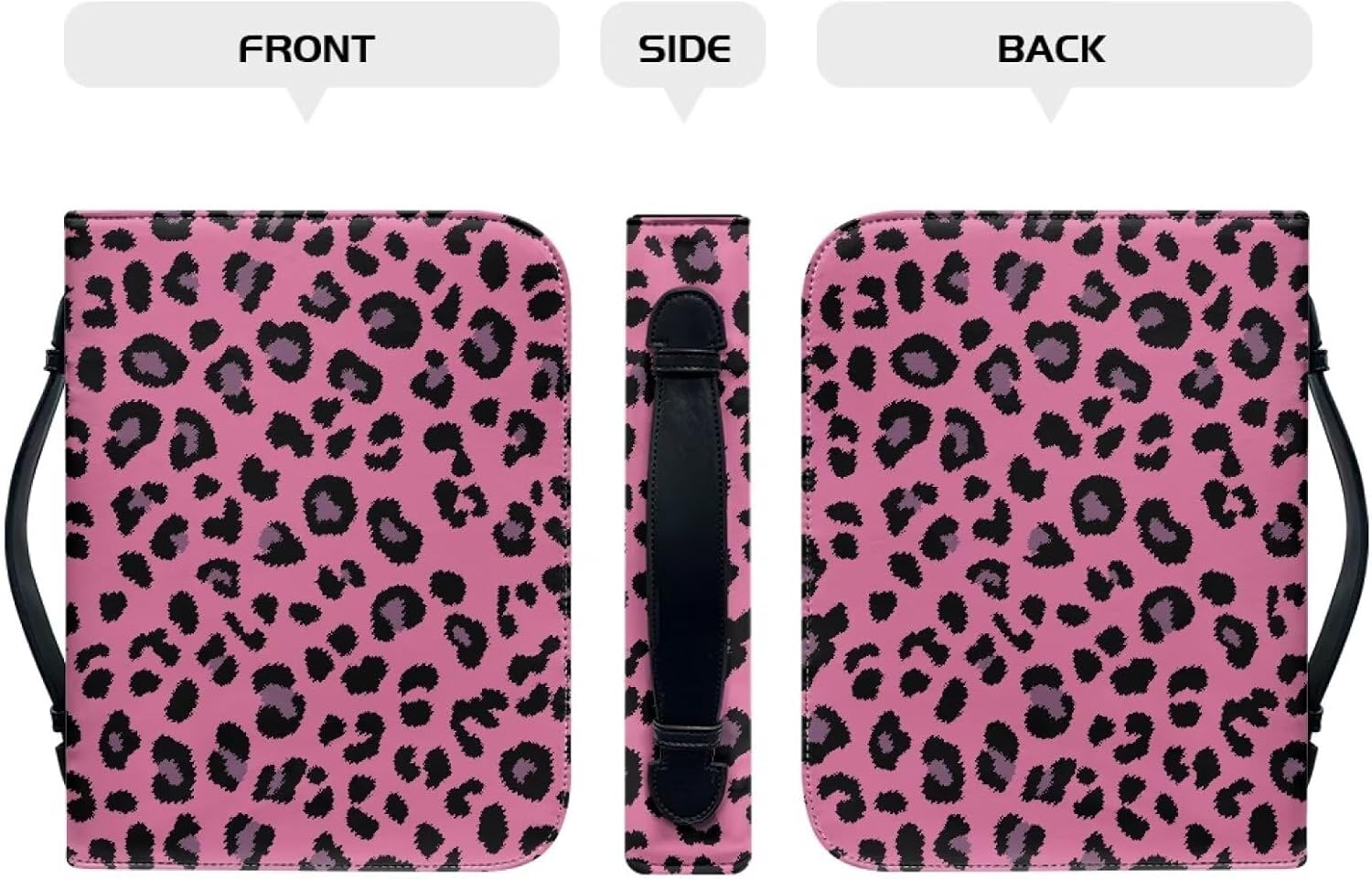 Bible Cover Case with Handle Zipper Black Pink Leopard Bible Cover with Multi Pockets for Women Pu Leather Church Study Book Carrying Case