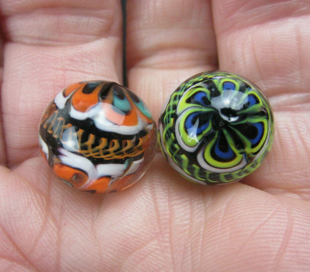 Big Game Toys ~Set of 2 RINKY-Dink 16mm Handmade Art Glass Marbles Orange Blue Green Lattice Design - Image 3