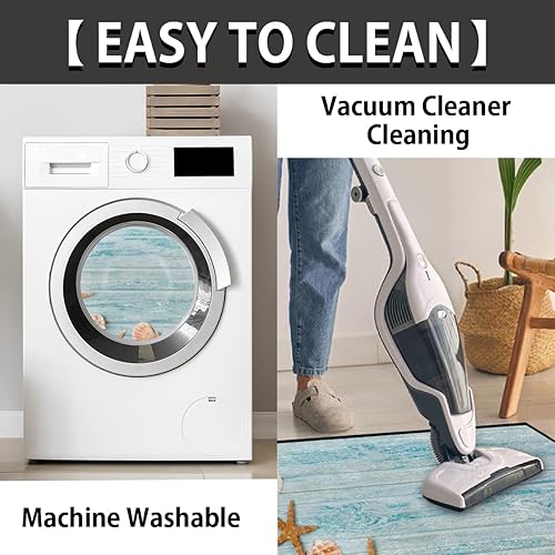 Miniatura 5 de Seashells - Tapete de madera semicircular con estrellas de mar, antideslizante, color azul, tapete de medio círculo, lavable, alfombra de media