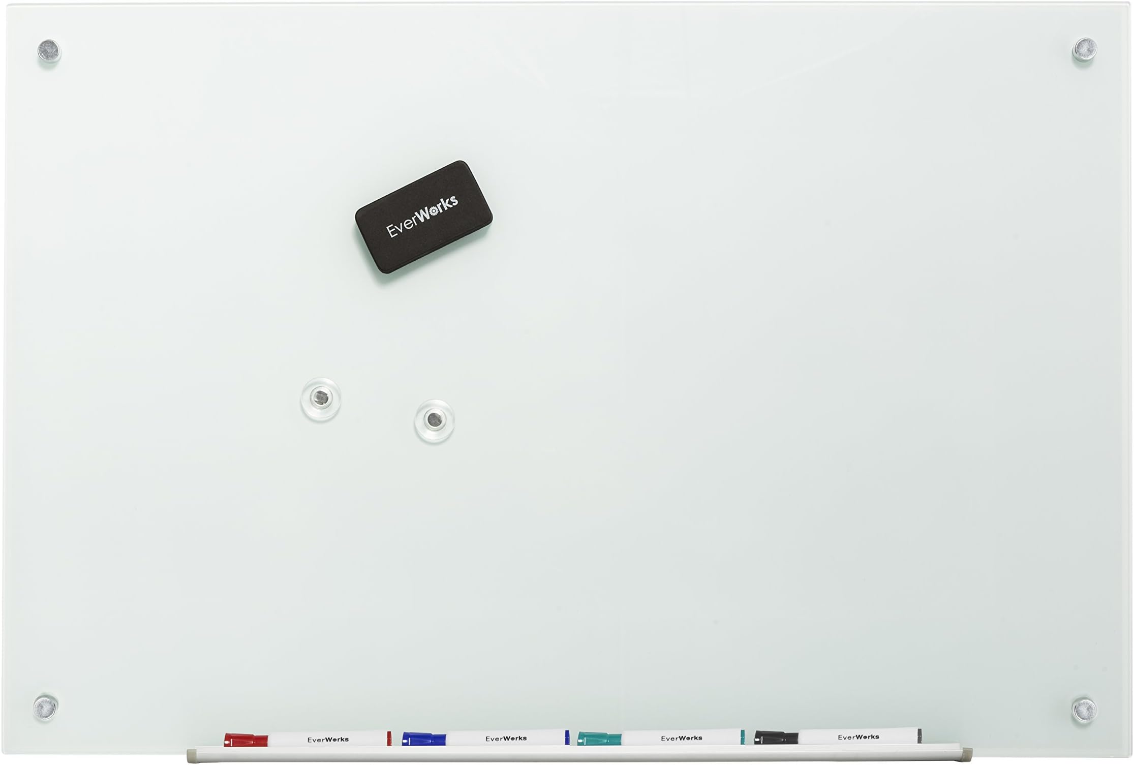 Modern Magnetic Frameless White Dry Erase Glass Whiteboard Set 23 5/8 inches x 35 1/2 inches (Includes 1 Magnetic Eraser, 2 Magnets and 1 Mounting Template)- Everworks