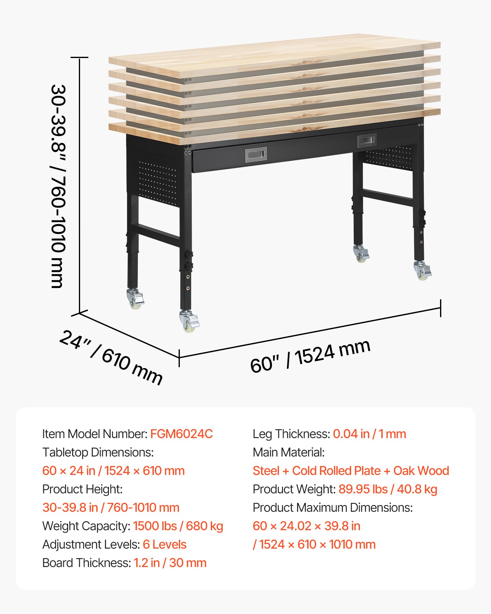 VEVOR Banco da Lavoro 1524x610 mm Tavolo da Lavoro Altezza Regolabile 760-1010 m, Tavolo per Lavorazione Falegname Fai-da-te da Garage con Cassetto Presa di Corrente Ruote Pannello Forato