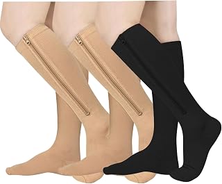 Athbavib 2 Pairs Zipper Compression Socks, 15-20 mmHg Closed Toe Compression Stocking with Zipper for Women and Men