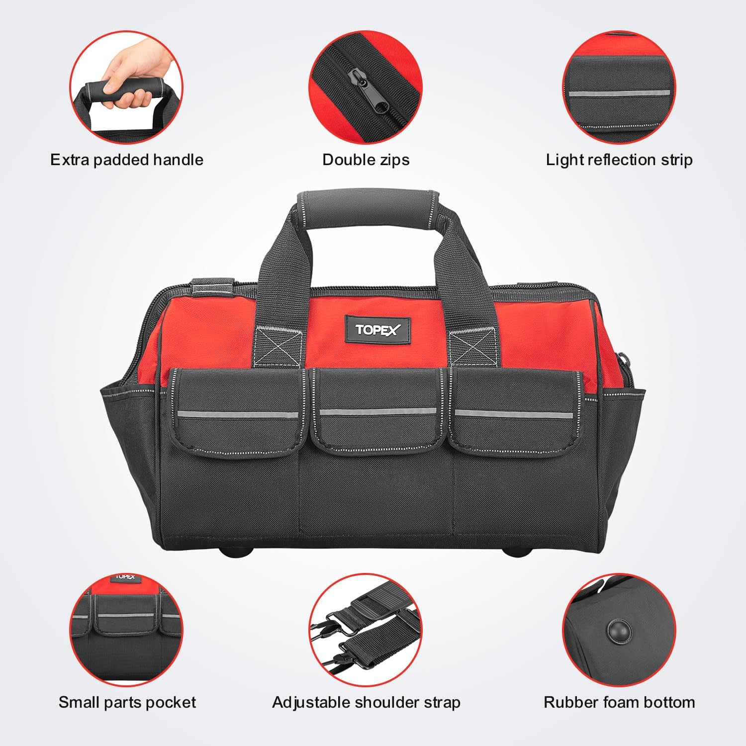 TOPEX 16-inch Tool Bag Multi-pocket Tool Organizer High Bearing Wide Mouth Tool Bag with Adjustable Shoulder Strap with 8 Pockets for Cars, Drill, Garden, Electrician, Technicians