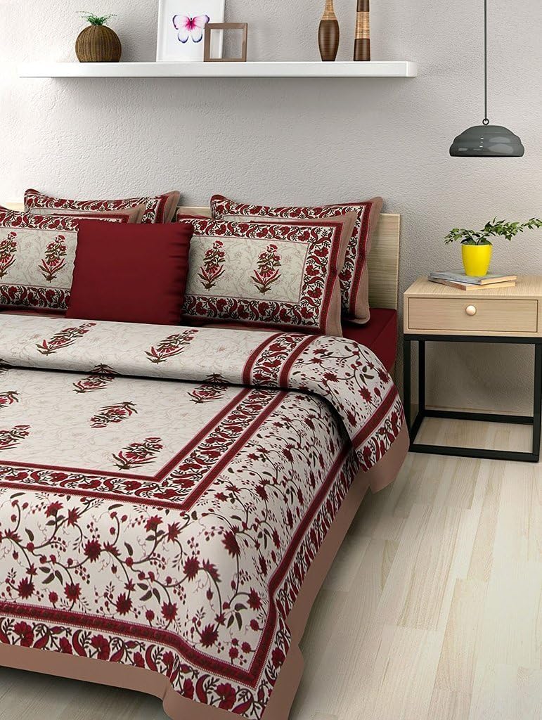 BedZone Cotton Rajasthani Jaipuri Traditional Floral Double Bedsheet with 2 Pillow Covers - Multicolour, King Size