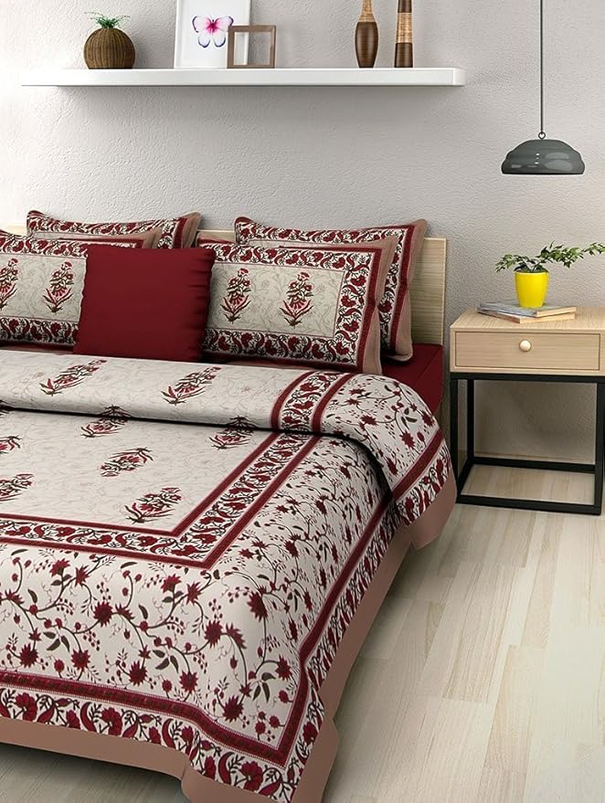 BedZone 100% Cotton Rajasthani Jaipuri Traditional Floral King Size Double Bedsheet with 2 Pillow Covers - Multicolor, 180-200 tc