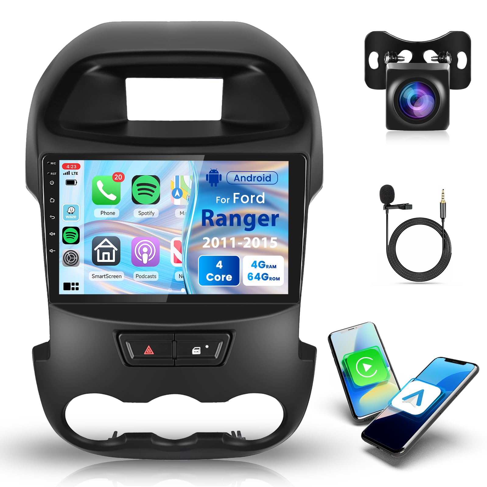 4+64G Android Car Stereo for Ford Ranger 2011-2015 with Wireless Carplay Android Auto Car Radio, 9’’ Touch Screen Head Unit with GPS Navigation Bluetooth Mirror Link WiFi FM/RDS DSP Backup Camera SWC