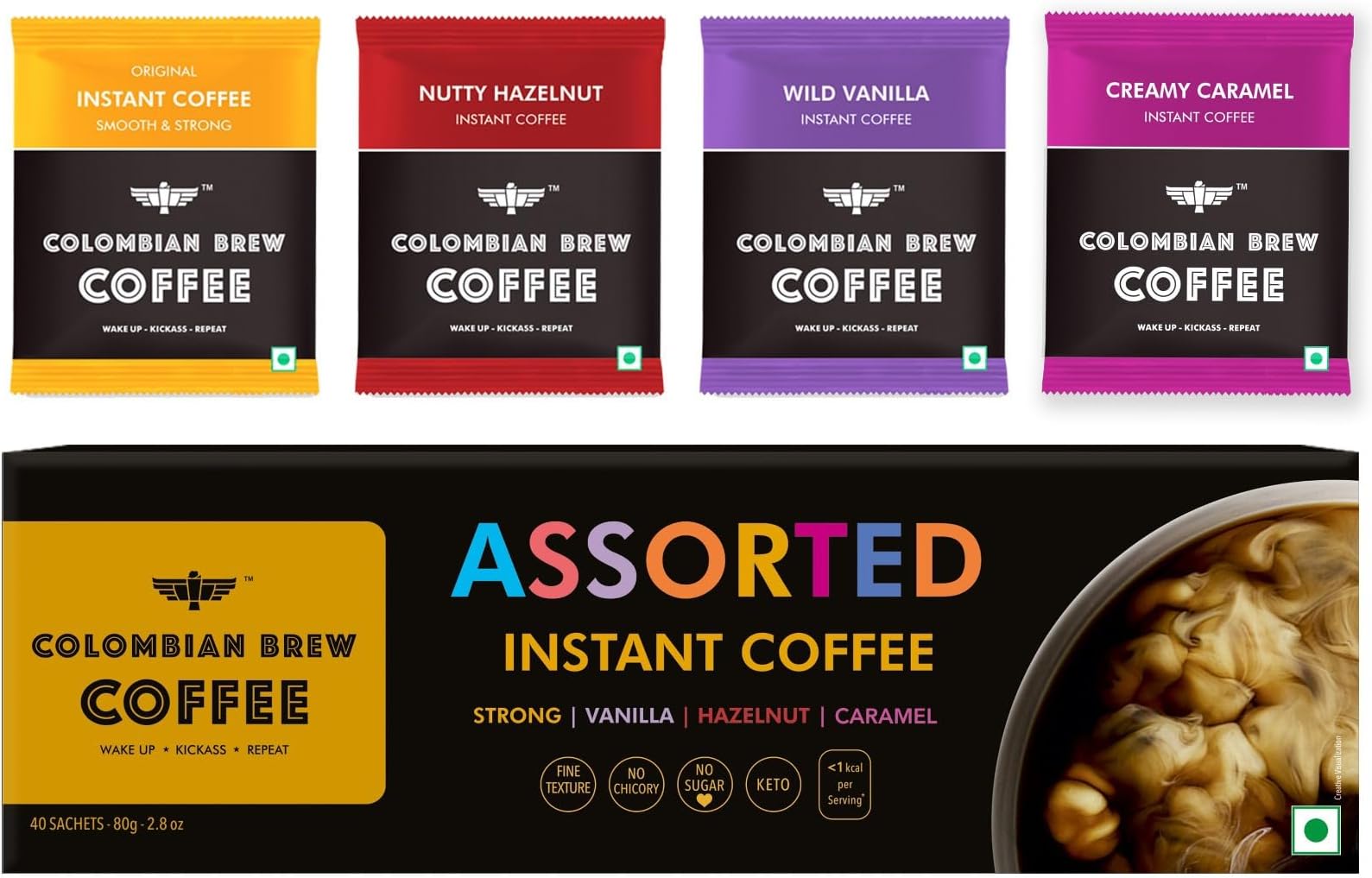 COLOMBIAN BREW COFFEE Colombian Brew Assorted Instant Coffee Powder Box |Gift Pack Box Diwali, Rakhi| 80Gm|Strong,Vanilla,Hazelnut,Caramel|