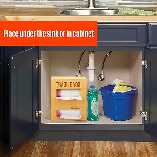 Miniatura 2 de Dispensador doble de bambú para bolsas de basura, montaje en pared o armario para cocina, despensa, lavandería, capacidad para 2 rollos estándar