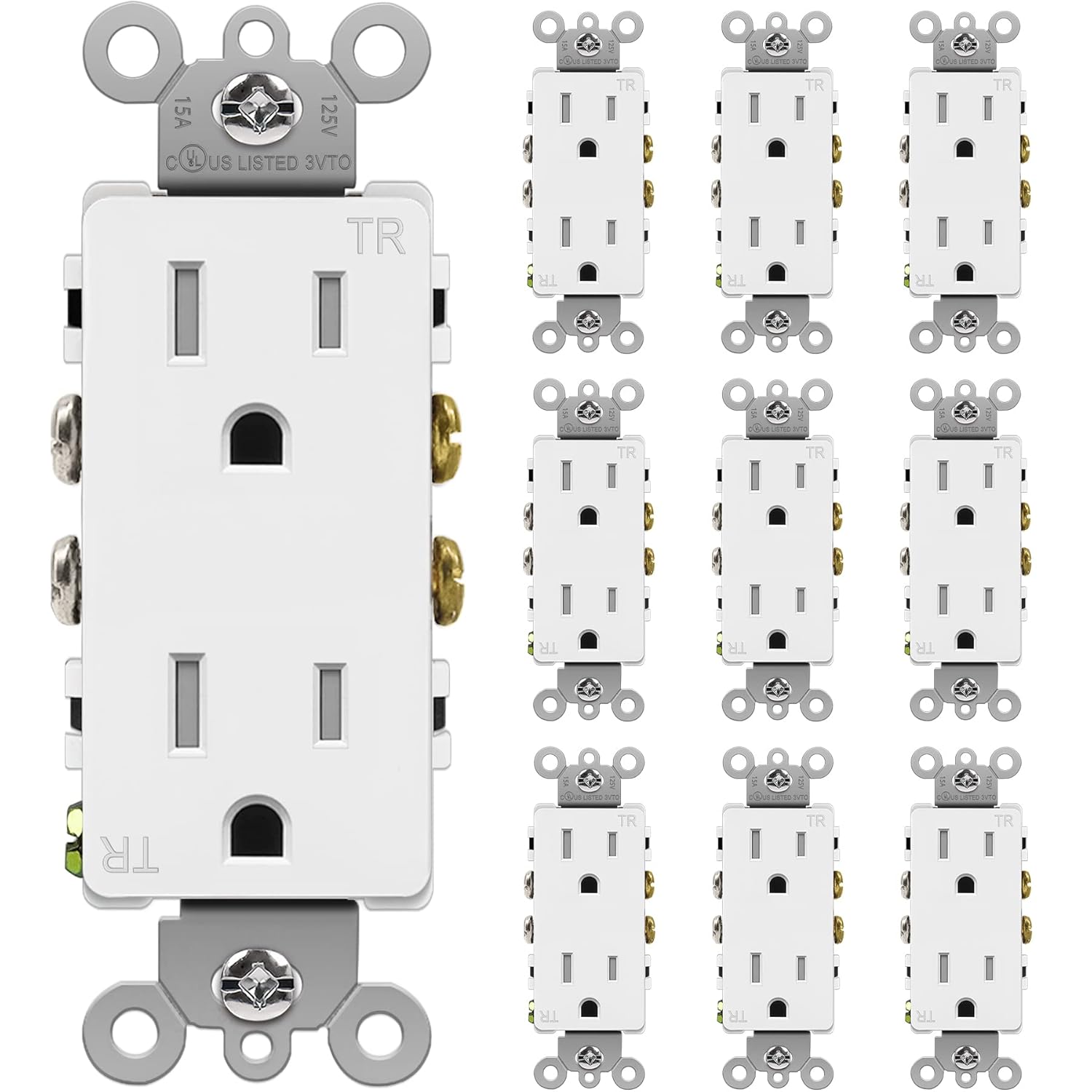BESTTEN 10 Pack 15 Amp Decorator Wall Receptacle and 10 Pack Mid Size Screwless Wall Plate, Tamper Resistant Outlet, 15A/125V/1875W, UL Listed, White