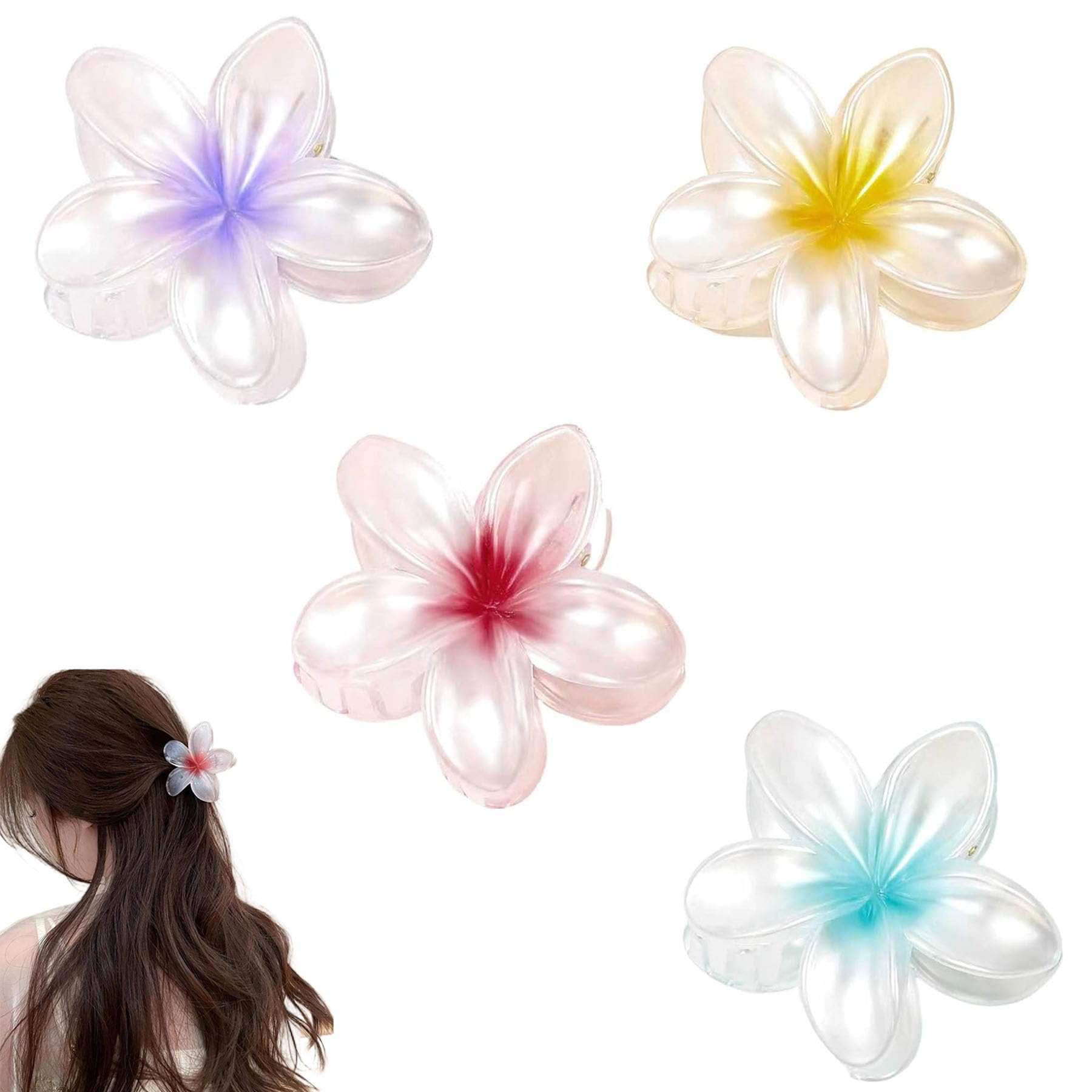 CONGGUAN Pack of 4 Hawaii Flower Hair Clips Plumeria Flower Claw Clip Thin Thick Curly Hair for Women Strong Non-Slip Hibiscus Hair Clip Beach Hair Accessories for Women