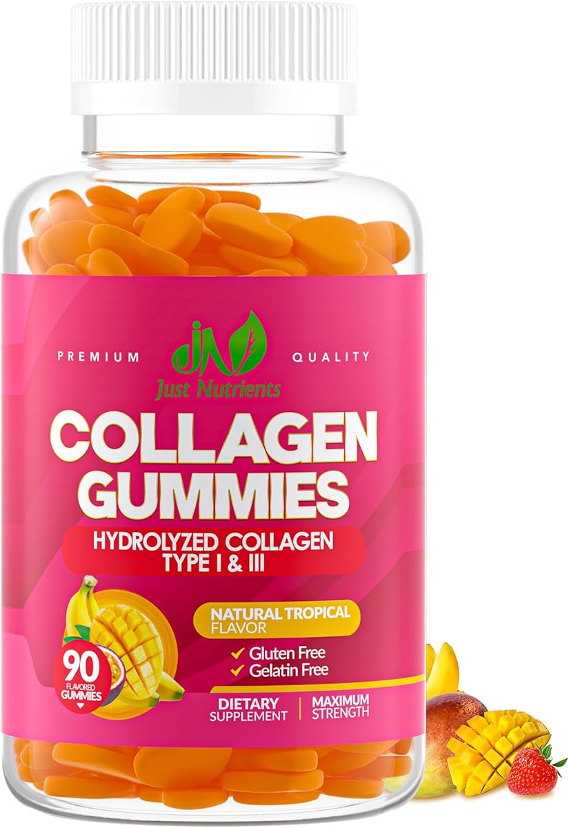 Just Nutrients Collagen Gummies for Women & Men (90 Count) - Premium Hydrolyzed Collagen Type I & III for Hair, Skin & Nails Support - Great Tasting Tropical Flavor, Gluten-Free, Non-GMO - 90 Gummies (45 Servings)