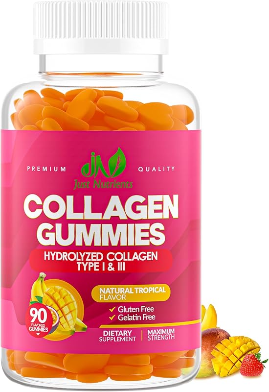 Just Nutrients Collagen Gummies for Women & Men (90 Count) | Premium Hydrolyzed Collagen Type I & III for Hair, Skin & Nails Support - Great Tasting Tropical Flavor, Gluten-Free