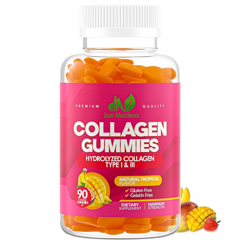Just Nutrients Suplemento de colágeno hidrolisado tipo I e III, 90 gomas