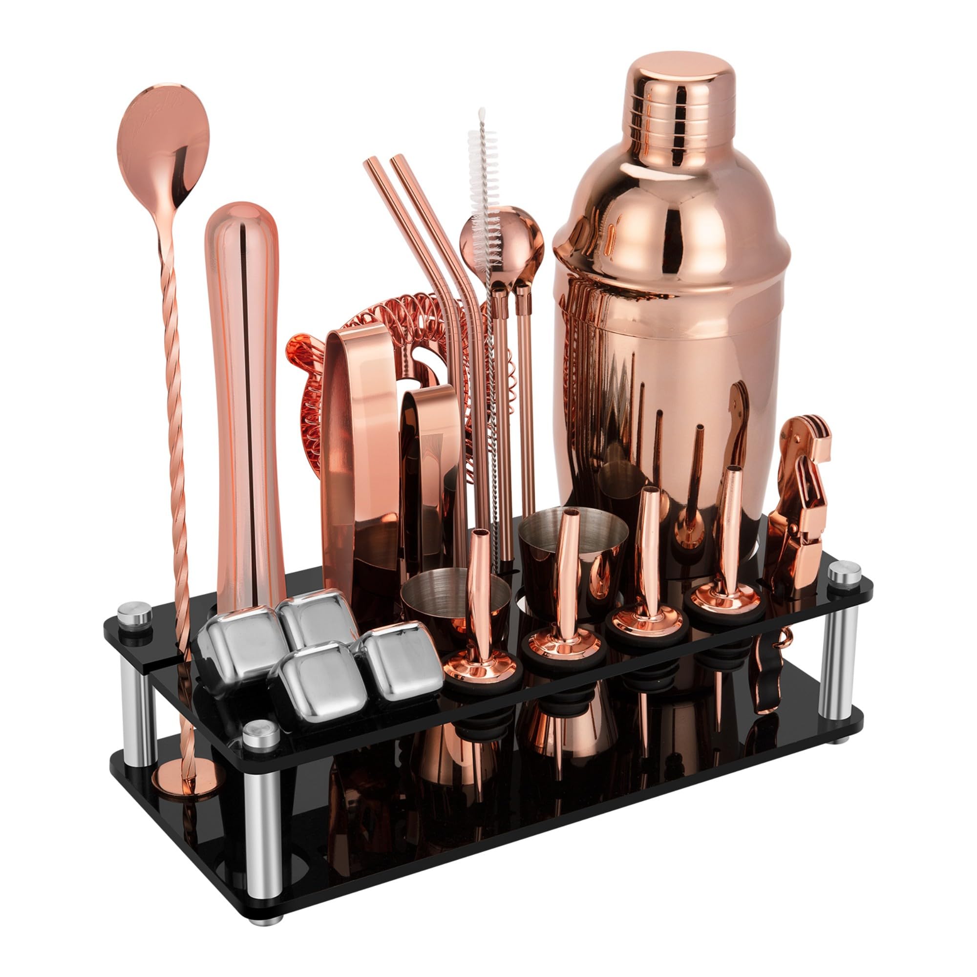 KinGrow Juego de coctelera de 23 Piezas con Soporte acrílico y folleto de Recetas de cócteles, Herramientas Profesionales de Bar para Mezclar Bebidas, hogar, Bar, Fiesta (Incluye 4 Piedras de Whisky)