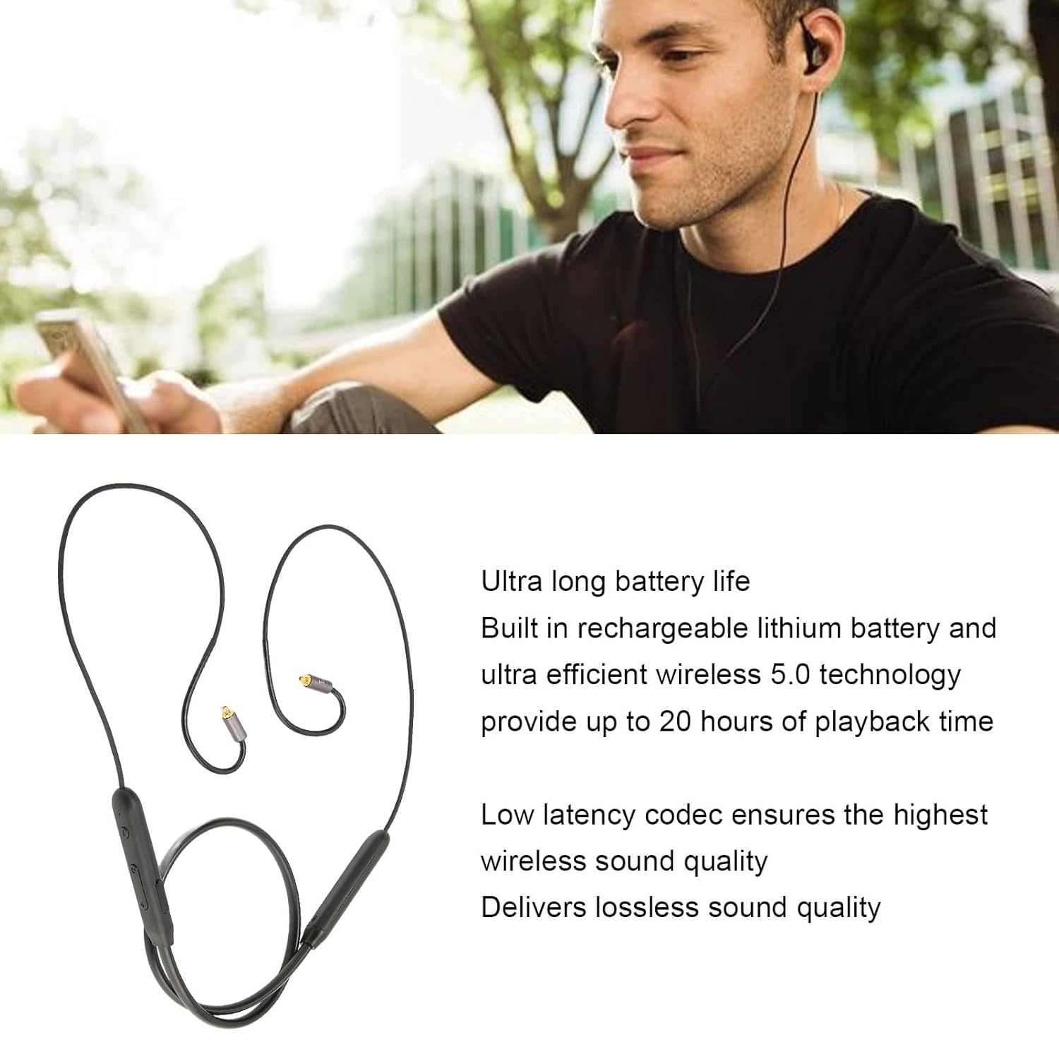 Asixxsix MMCX Bluetooth Adapter Cable with Microphone and Controller for IE300 IE600 IE900, 20 Hours Play Time, Lossless Sound Quality