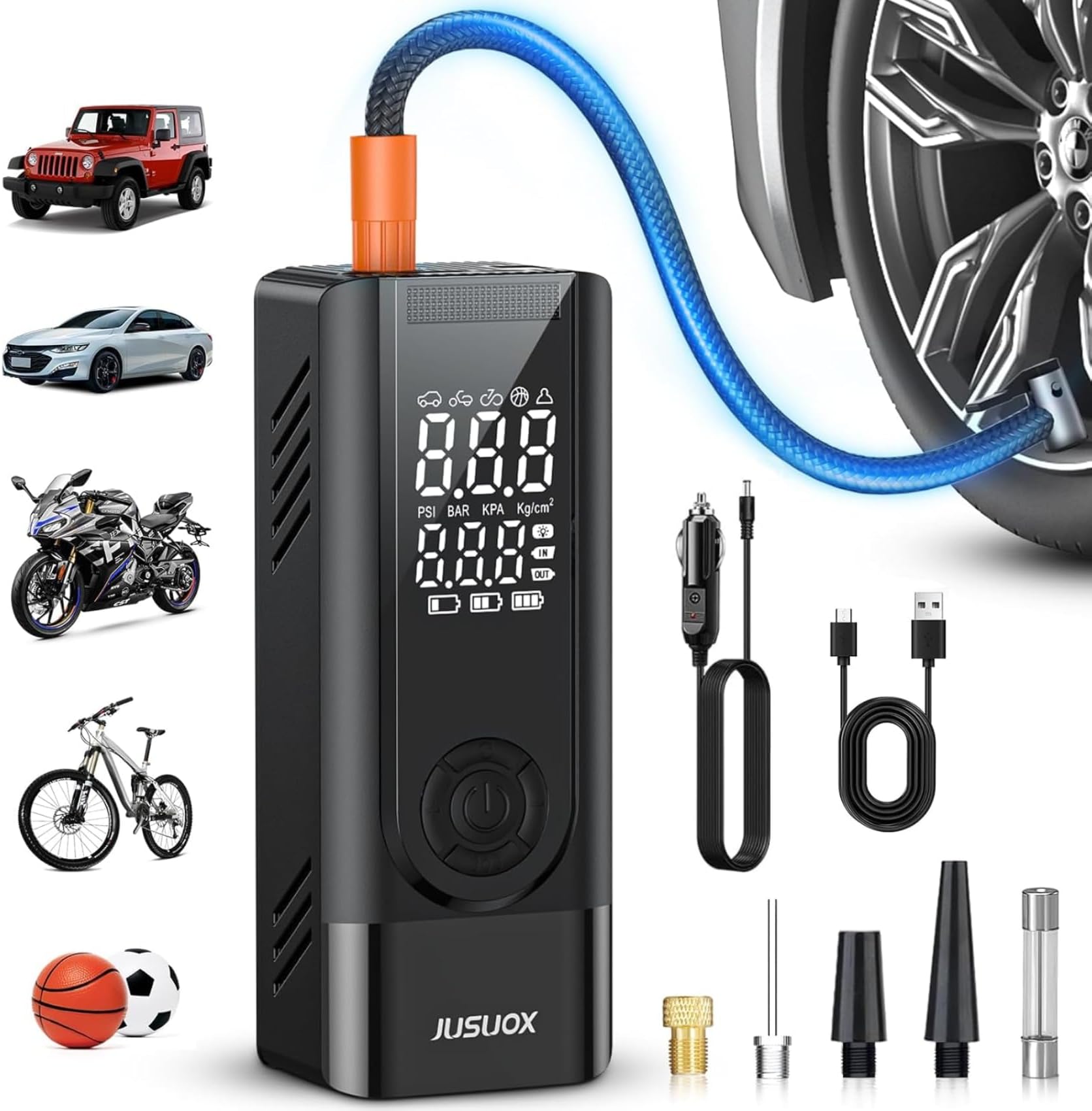 Tire Inflator Portable Air Compressor, Battery & 12V DC Dual Power Air Pump for Car Tires, 150PSI Cordless Bike Tire Pump with Digital Pressure Gauge, LED Light, for Motorcycle, Ball