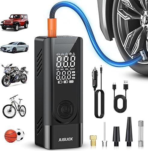 Tire Inflator Portable Air Compressor, Battery & 12V DC Dual Power Air Pump for Car Tires, 150PSI Cordless Bike Tire Pump with Digital Pressure