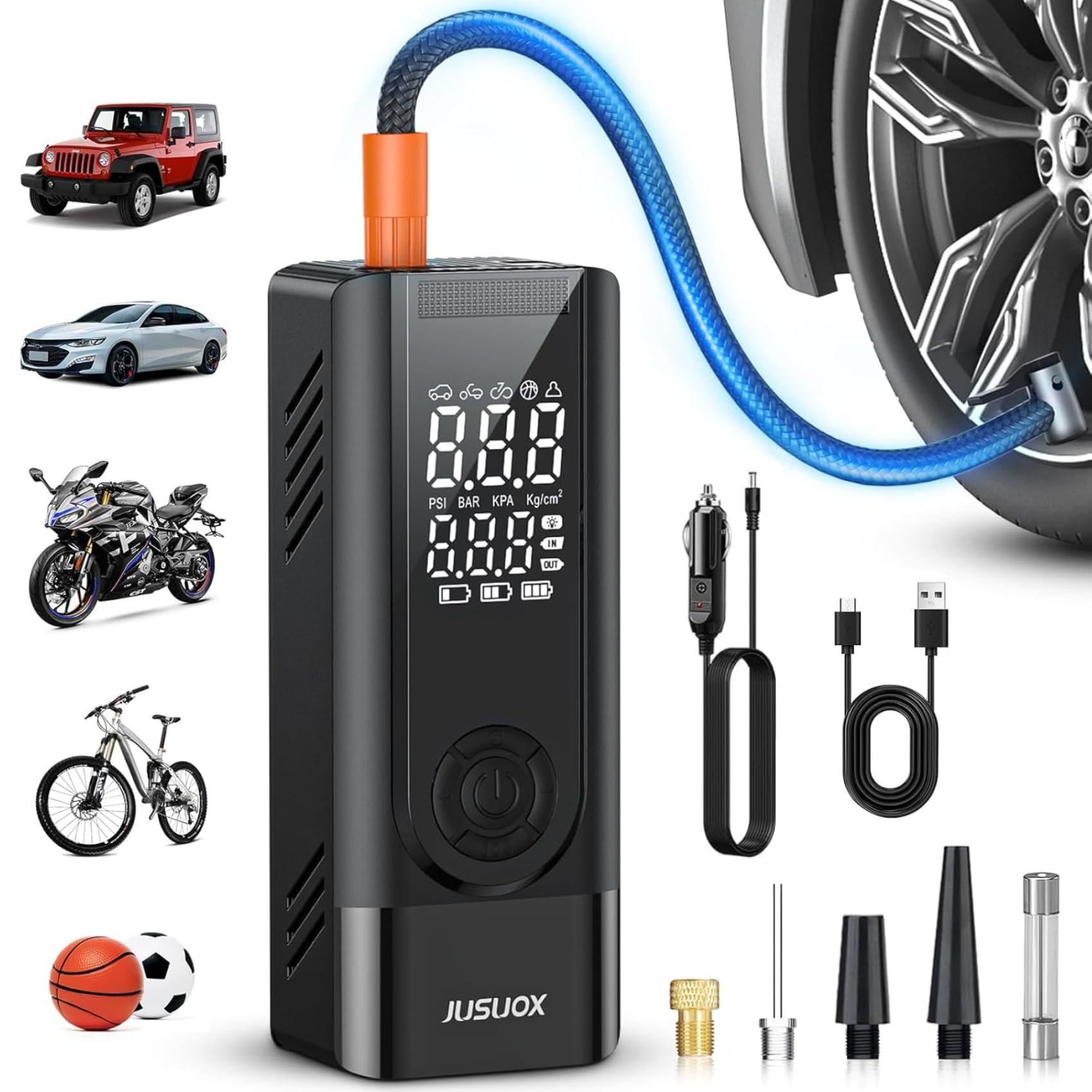 Tire Inflator Portable Air Compressor, Battery & 12V DC Dual Power Air Pump for Car Tires, 150PSI Cordless Bike Tire Pump with Digital Pressure Gauge, LED Light, for Motorcycle, Ball