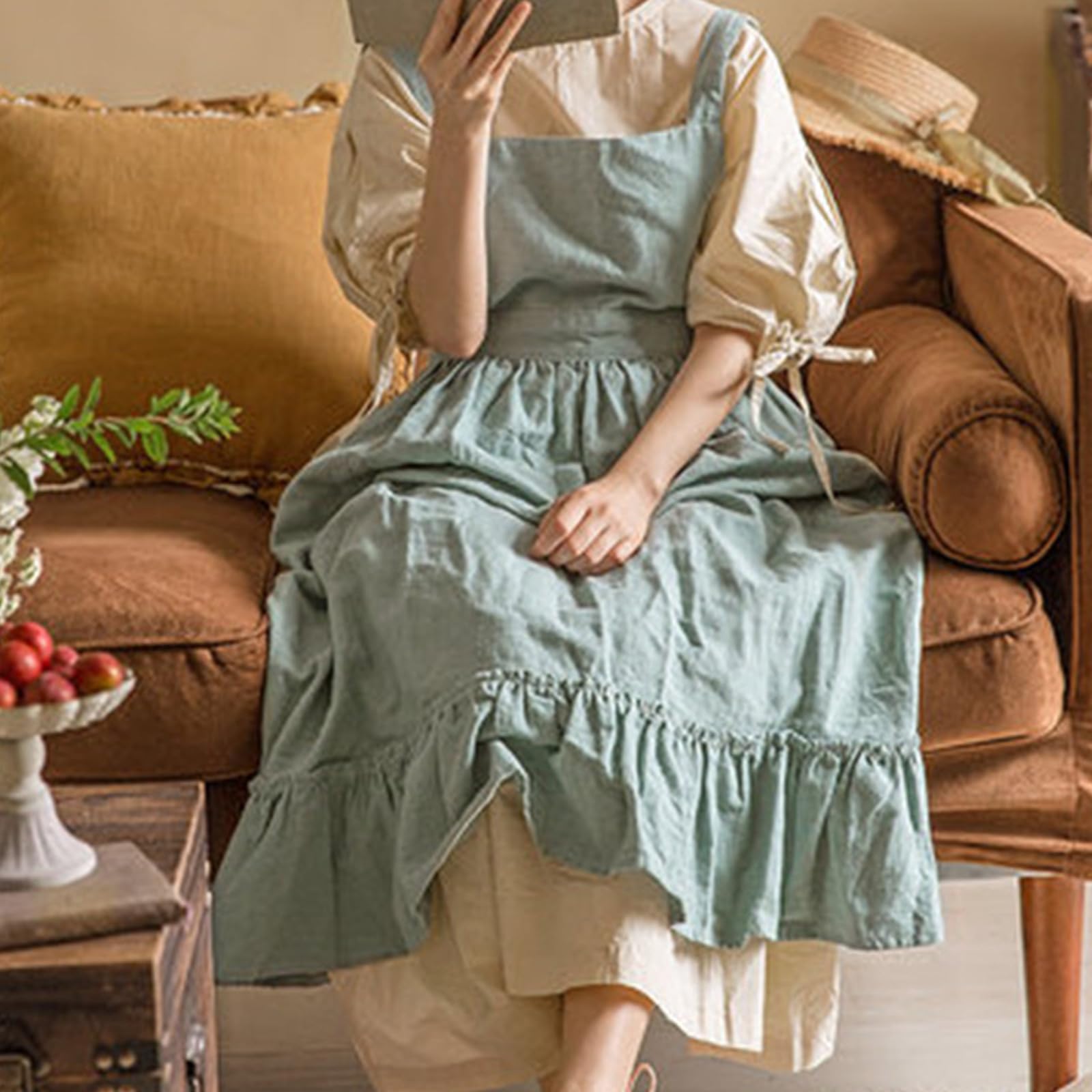 Grembiule in cotone e lino con volant per donne e ragazze, vintage, per cucinare, giardinaggio, lavoro, cameriera, grembiule con tasche, Verde militare, R